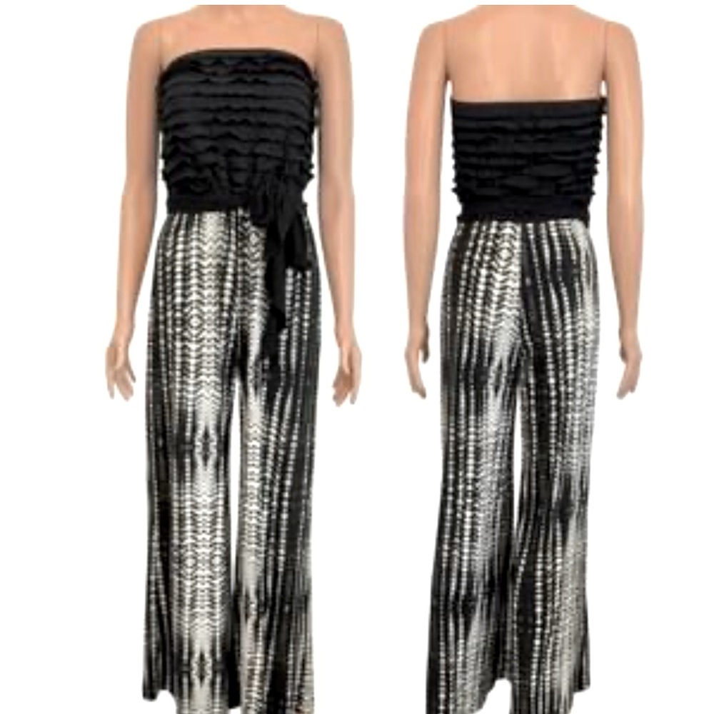 Women’s Strapless Wide Leg Black Ruffled Long Jumpsuit Size XL Jersey Knit Party - Picture 3 of 16